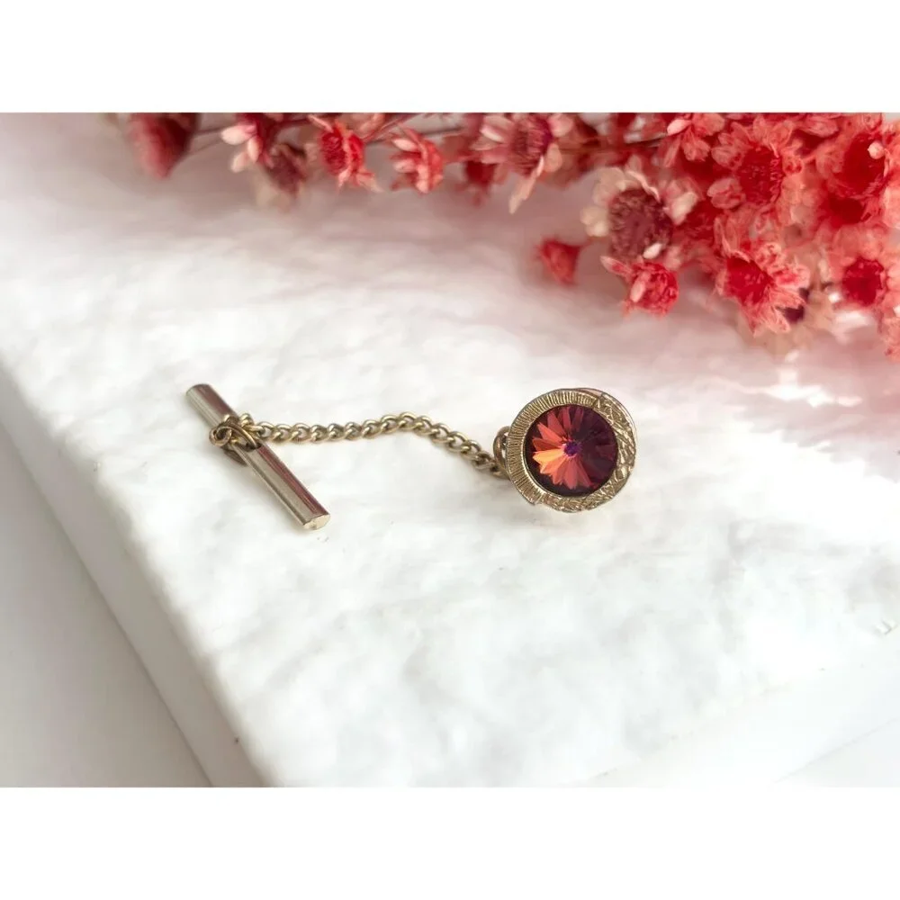 Ombre Orange & Red Rhinestone Gold Toned Vintage Men's Tie Tack